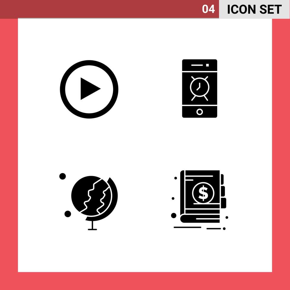 Group of 4 Modern Solid Glyphs Set for video education user bell banking Editable Vector Design Elements