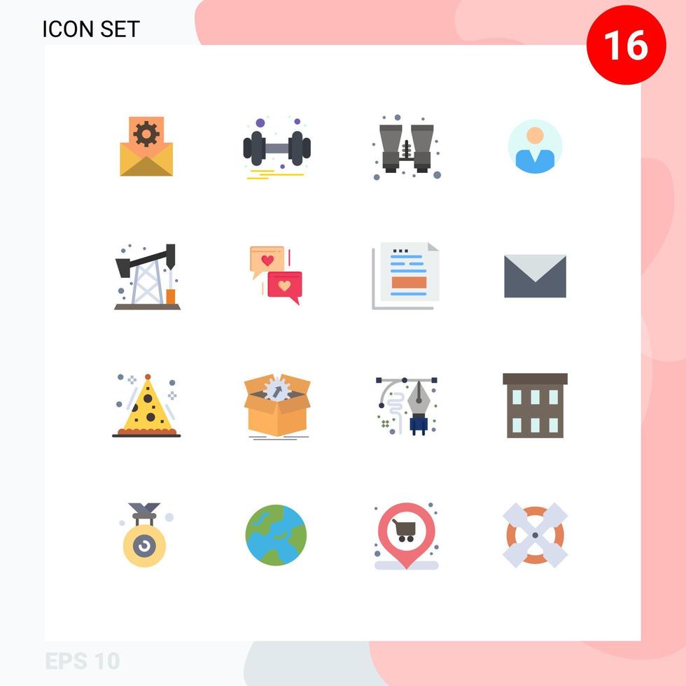 16 Thematic Vector Flat Colors and Editable Symbols of pump jack user binocular profile personal Editable Pack of Creative Vector Design Elements