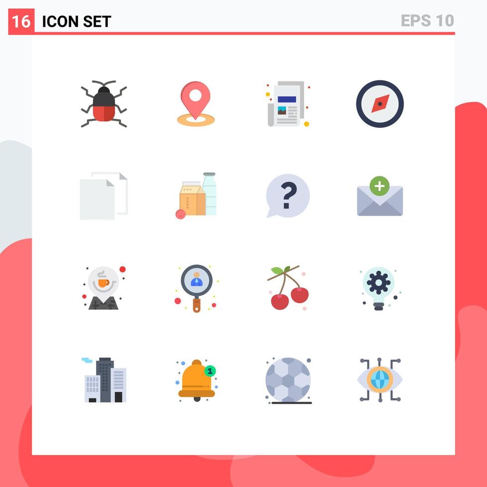 Modern Set of 16 Flat Colors Pictograph of duplicate copy news gps compass Editable Pack of Creative Vector Design Elements