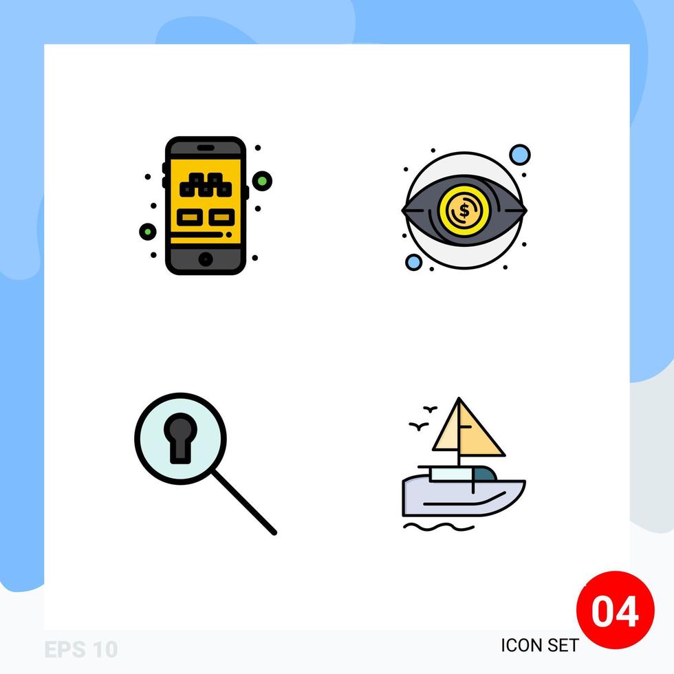 Filledline Flat Color Pack of 4 Universal Symbols of app search transport visibility boat Editable Vector Design Elements