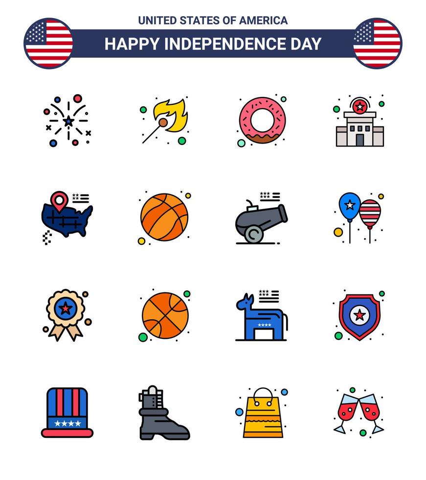 16 Flat Filled Line Signs for USA Independence Day american location donut police sign police Editable USA Day Vector Design Elements