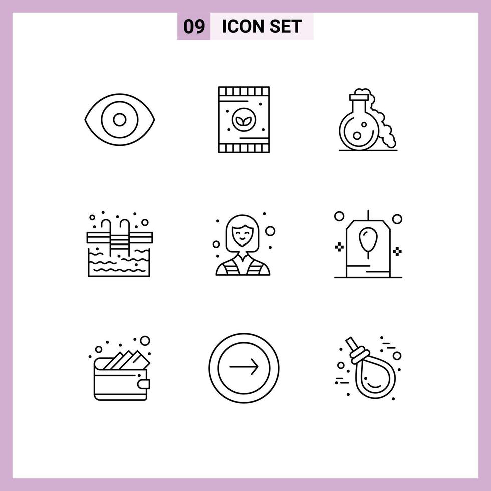 9 User Interface Outline Pack of modern Signs and Symbols of industry swimming flask water pool Editable Vector Design Elements