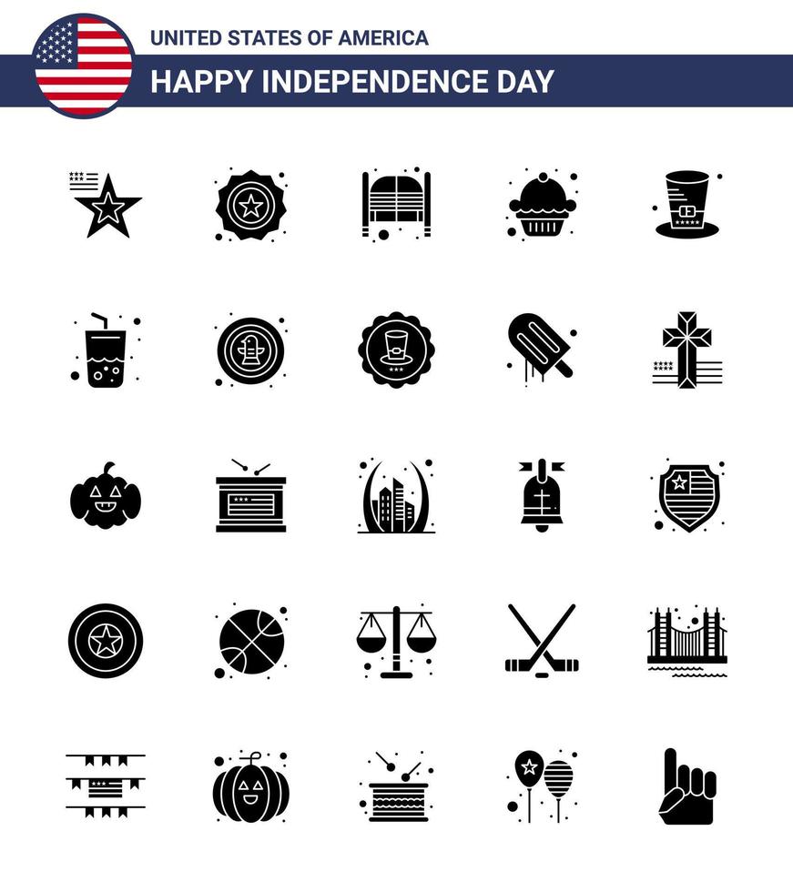 Happy Independence Day 25 Solid Glyph Icon Pack for Web and Print hat muffin bar dessert entrance Editable USA Day Vector Design Elements