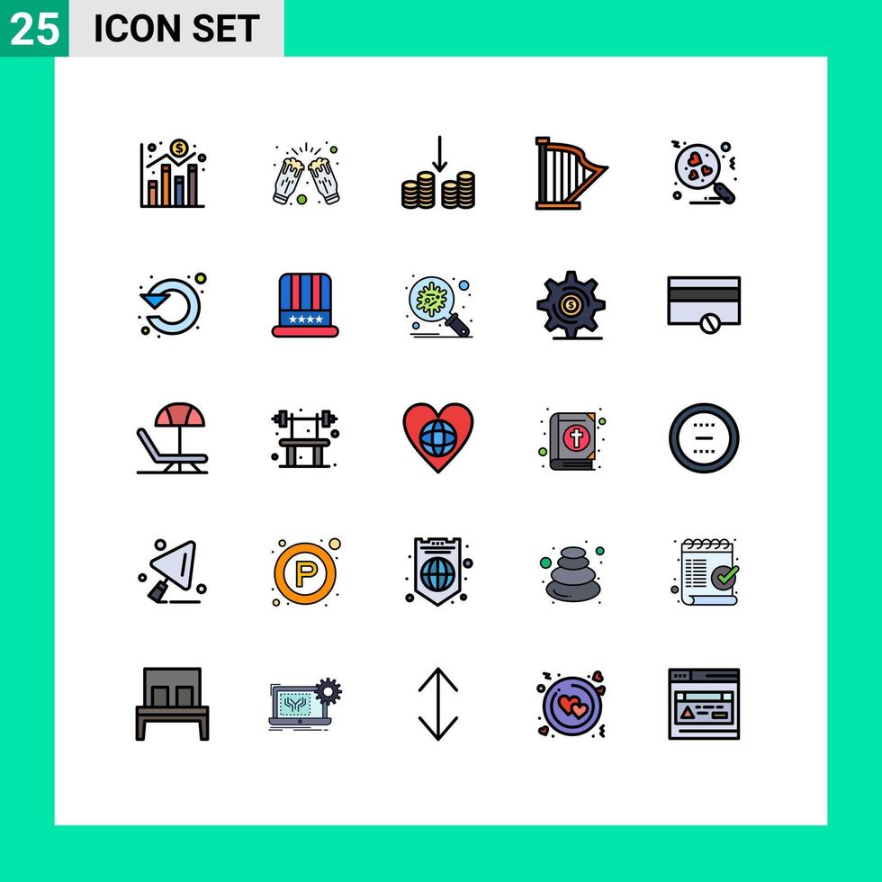 Universal Icon Symbols Group of 25 Modern Filled line Flat Colors of heart music wine instrument audio Editable Vector Design Elements