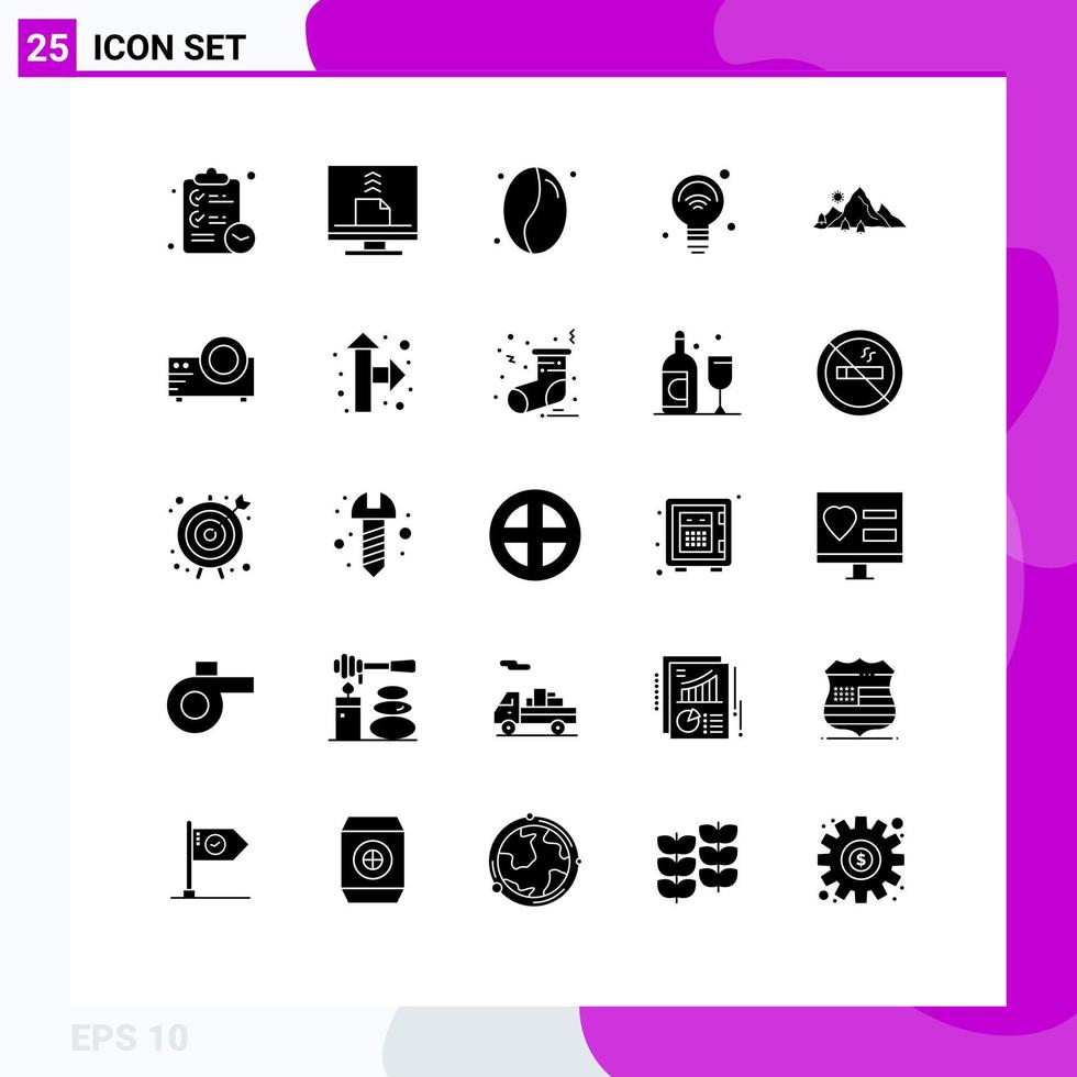 Solid Glyph Pack of 25 Universal Symbols of mountain iot email internet of things bulb Editable Vector Design Elements