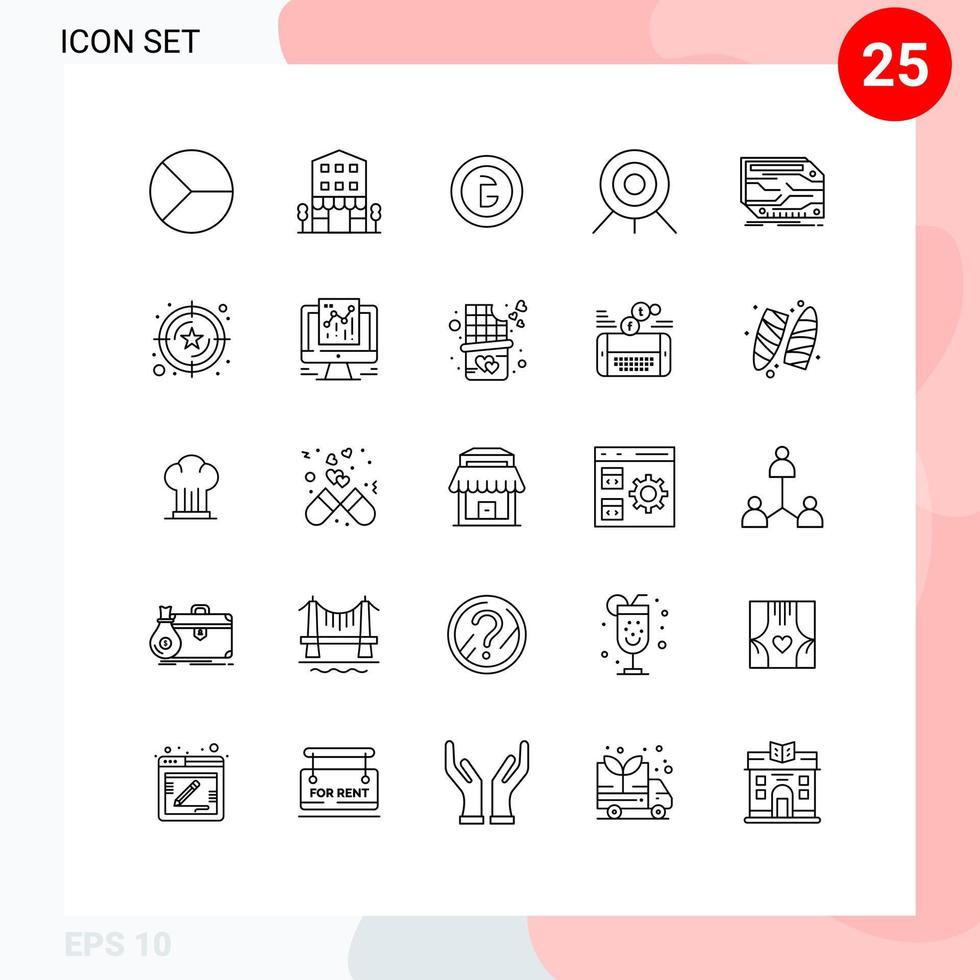 Modern Set of 25 Lines Pictograph of target archery shop front money currency Editable Vector Design Elements