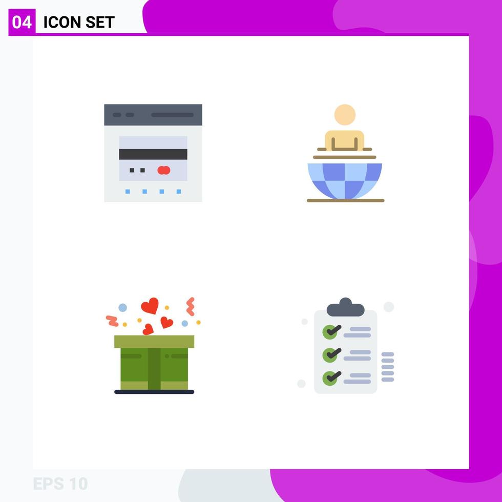 conjunto de pictogramas de 4 iconos planos simples de tarjeta regalo comercio electrónico negocio presente elementos de diseño vectorial editables vector