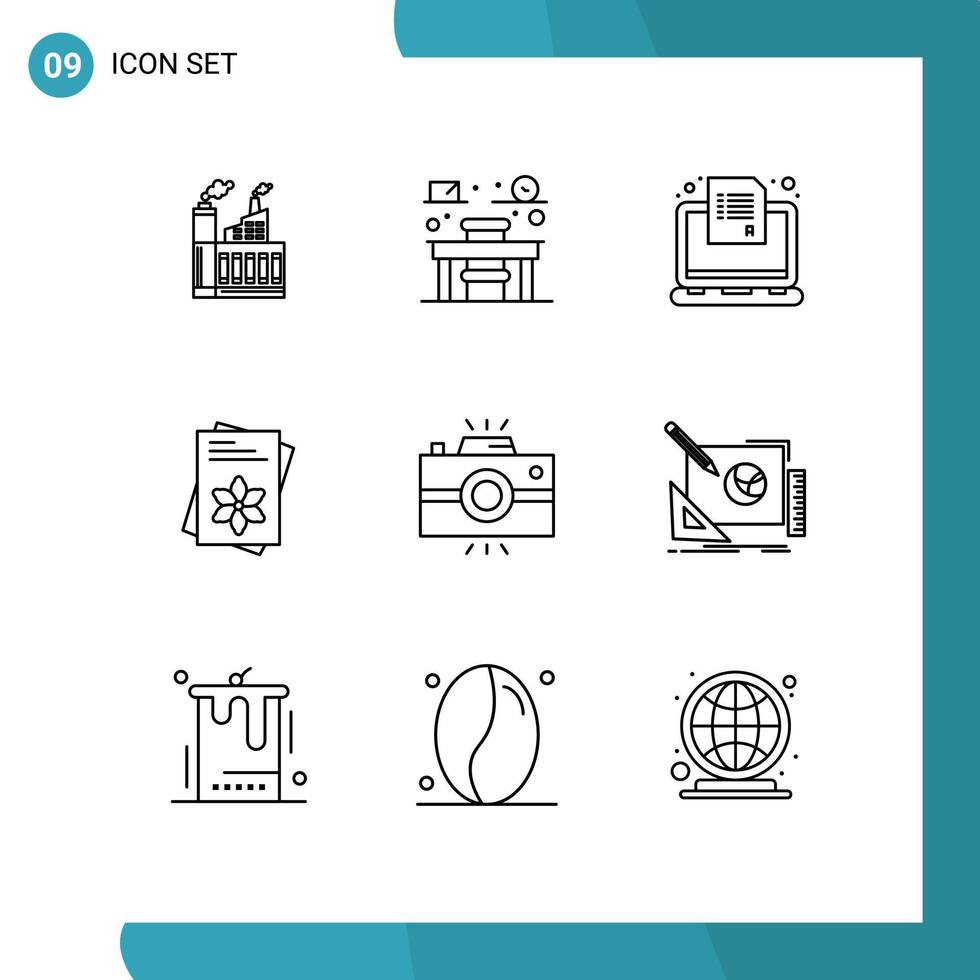 9 Outline concept for Websites Mobile and Apps antique camera flower exam file survey Editable Vector Design Elements