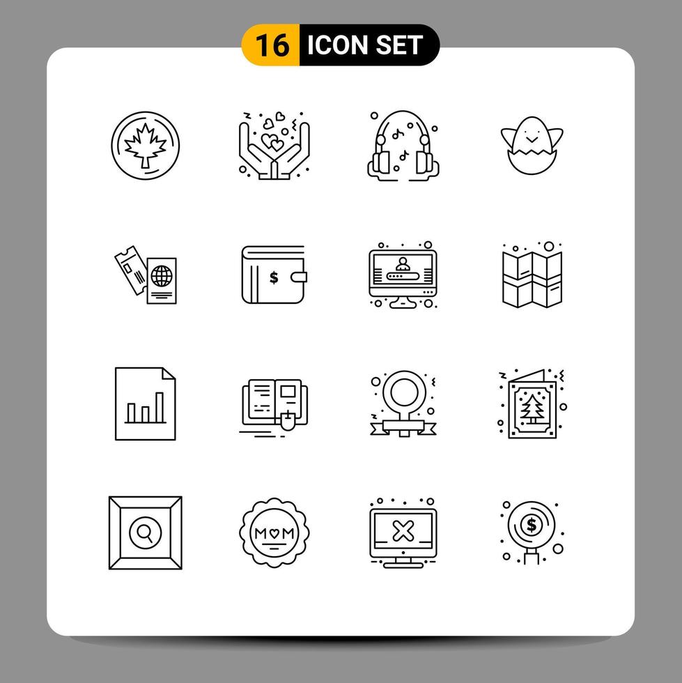 16 Thematic Vector Outlines and Editable Symbols of travel business headphones passport egg Editable Vector Design Elements