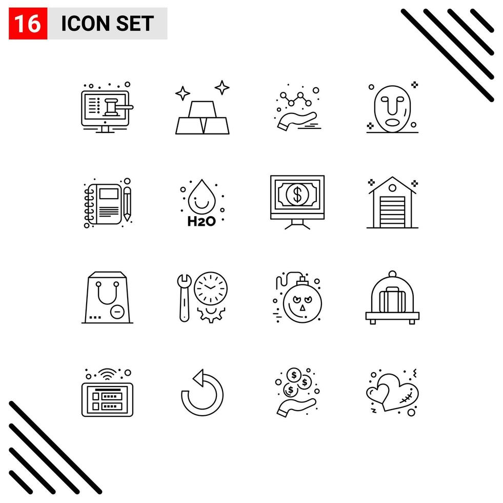 16 Creative Icons Modern Signs and Symbols of notebook moleskin analytics diary mask Editable Vector Design Elements