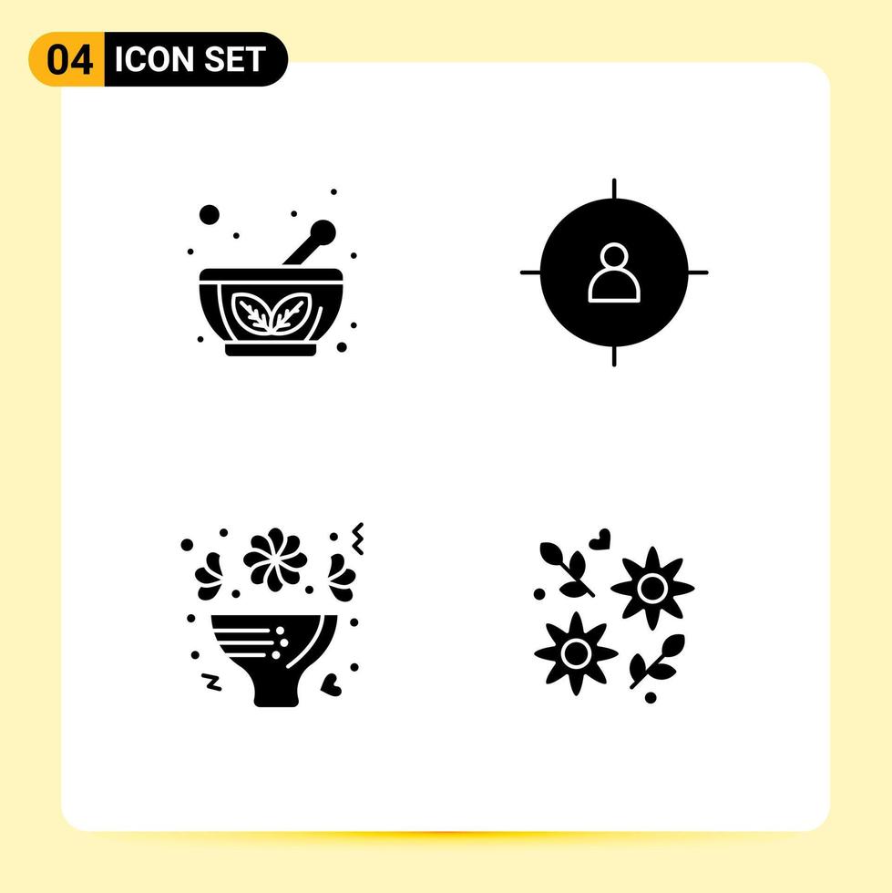 Solid Glyph Pack of 4 Universal Symbols of bowl flowers saucer management roses Editable Vector Design Elements