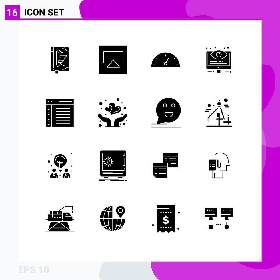 Universal Icon Symbols Group of 16 Modern Solid Glyphs of coding system dashboard options control Editable Vector Design Elements