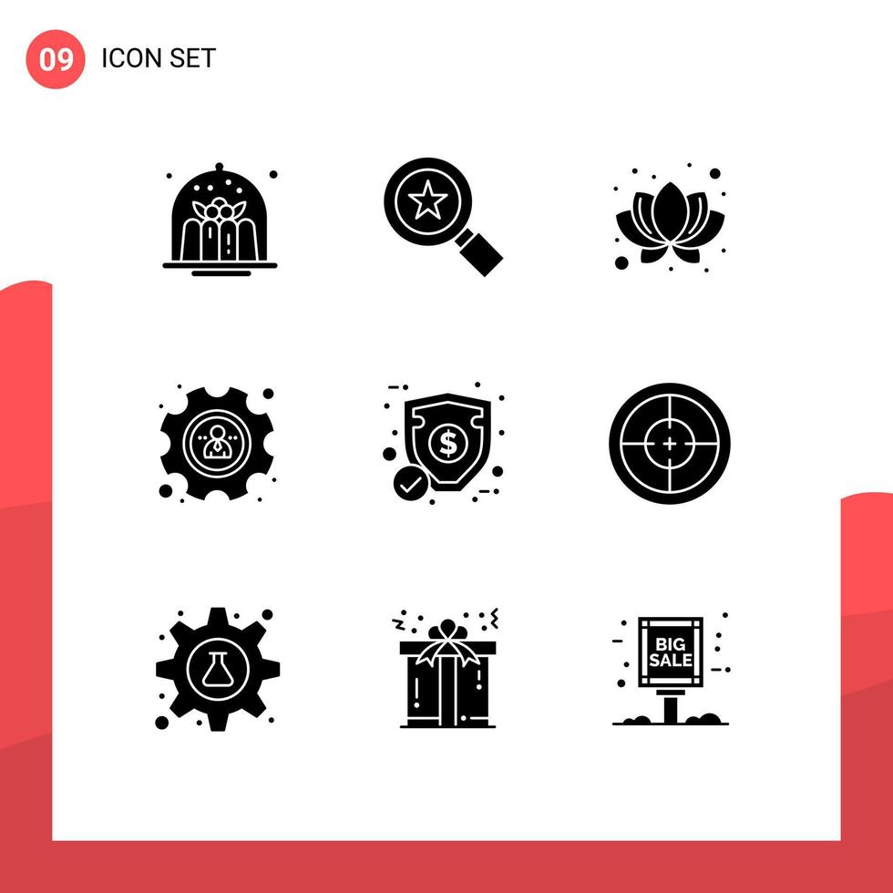 Pictogram Set of 9 Simple Solid Glyphs of security ecommerce lotus money profile Editable Vector Design Elements