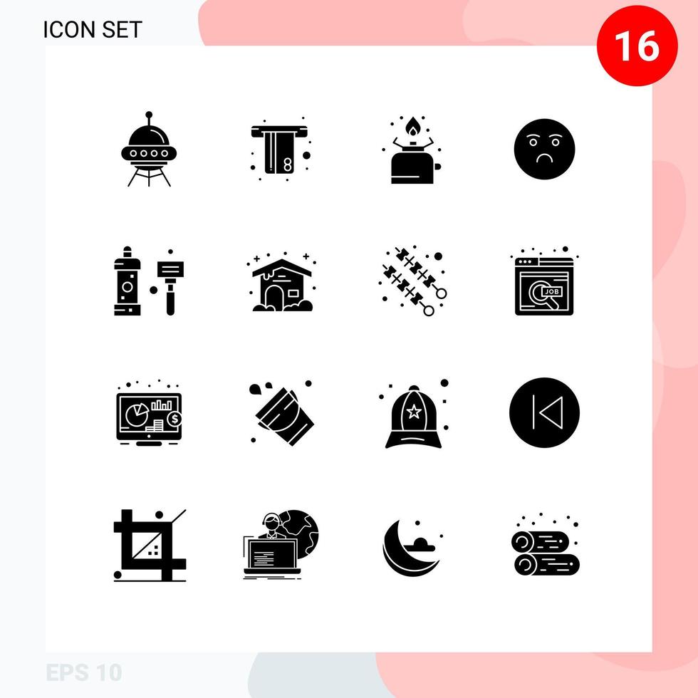 Group of 16 Modern Solid Glyphs Set for sad emotion credit emoji picnic Editable Vector Design Elements