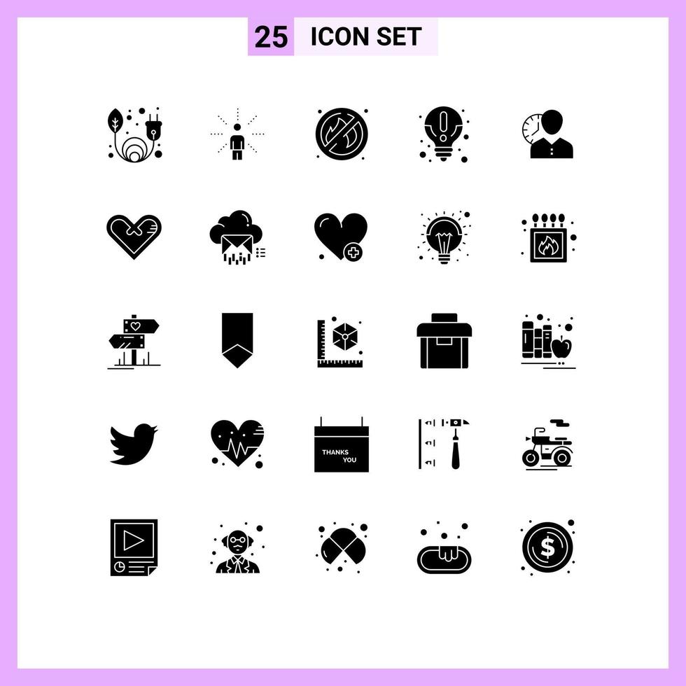 Universal Icon Symbols Group of 25 Modern Solid Glyphs of man clock fire knowledge idea Editable Vector Design Elements