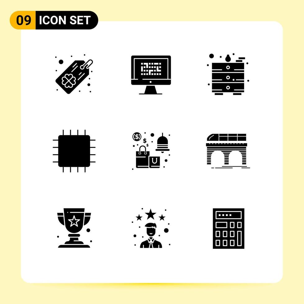 9 Thematic Vector Solid Glyphs and Editable Symbols of alert gadget problem devices chipset Editable Vector Design Elements