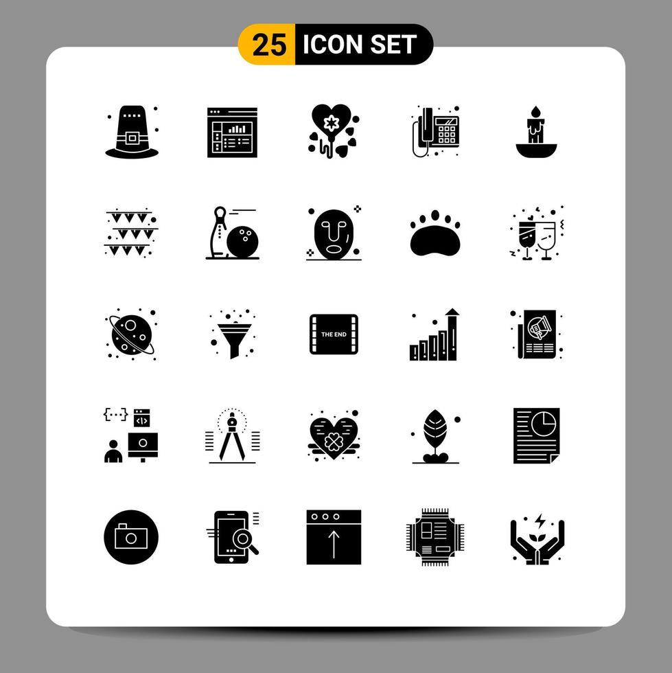 User Interface Pack of 25 Basic Solid Glyphs of holiday fire birthday candle telephone Editable Vector Design Elements
