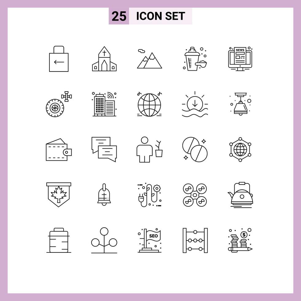 Pack of 25 Modern Lines Signs and Symbols for Web Print Media such as screen monitor camping computer nutrition supplement Editable Vector Design Elements