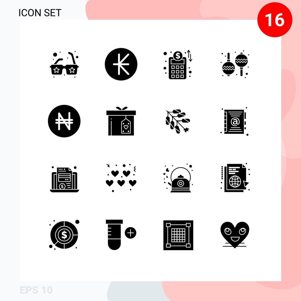 conjunto de 16 iconos de interfaz de usuario modernos símbolos signos para caja nigeria negocio red naira música elementos de diseño vectorial editables vector