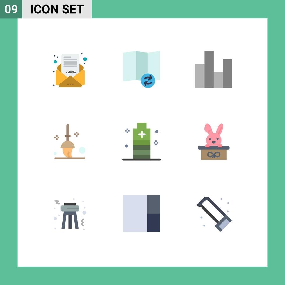 9 Thematic Vector Flat Colors and Editable Symbols of essential battery business mop bucket Editable Vector Design Elements