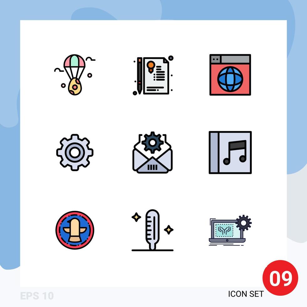 Modern Set of 9 Filledline Flat Colors and symbols such as mail gear web general world Editable Vector Design Elements