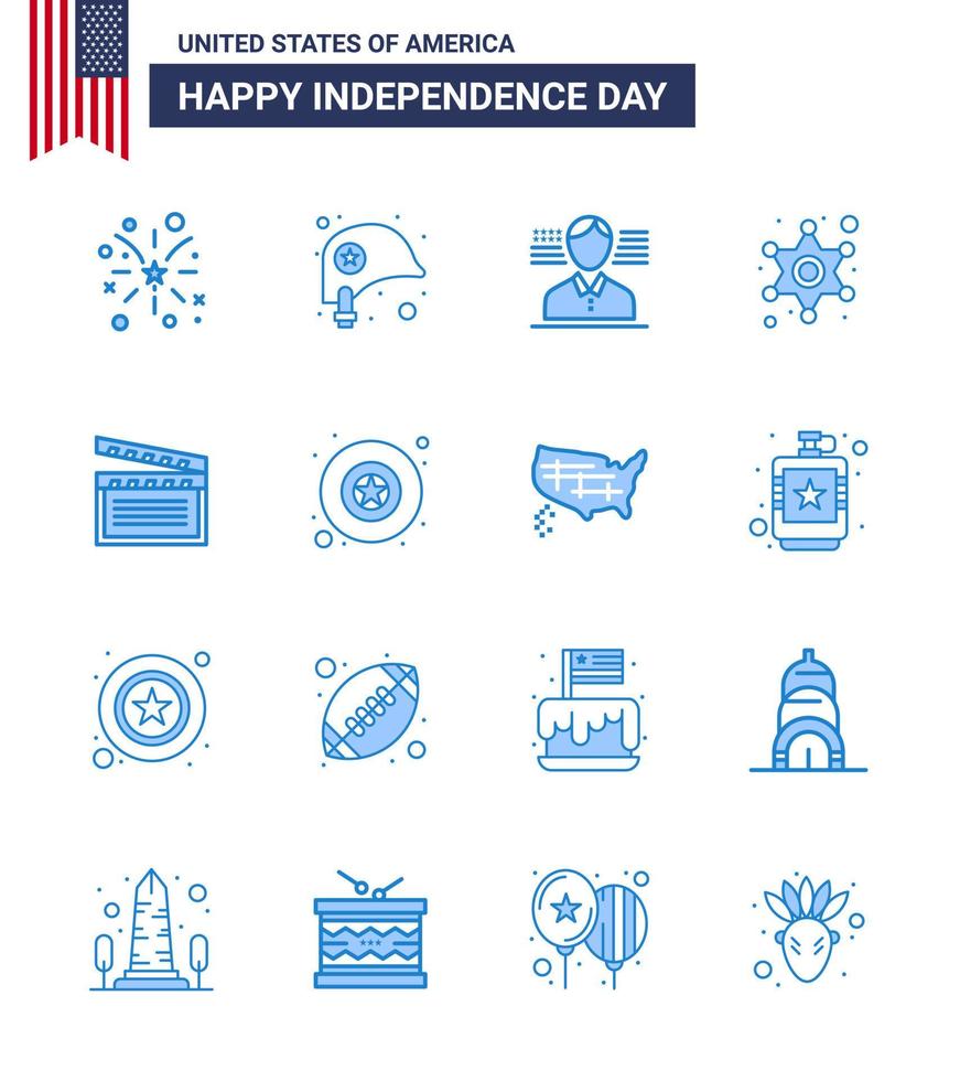 Set of 16 Vector Blues on 4th July USA Independence Day such as video american man police sign police Editable USA Day Vector Design Elements