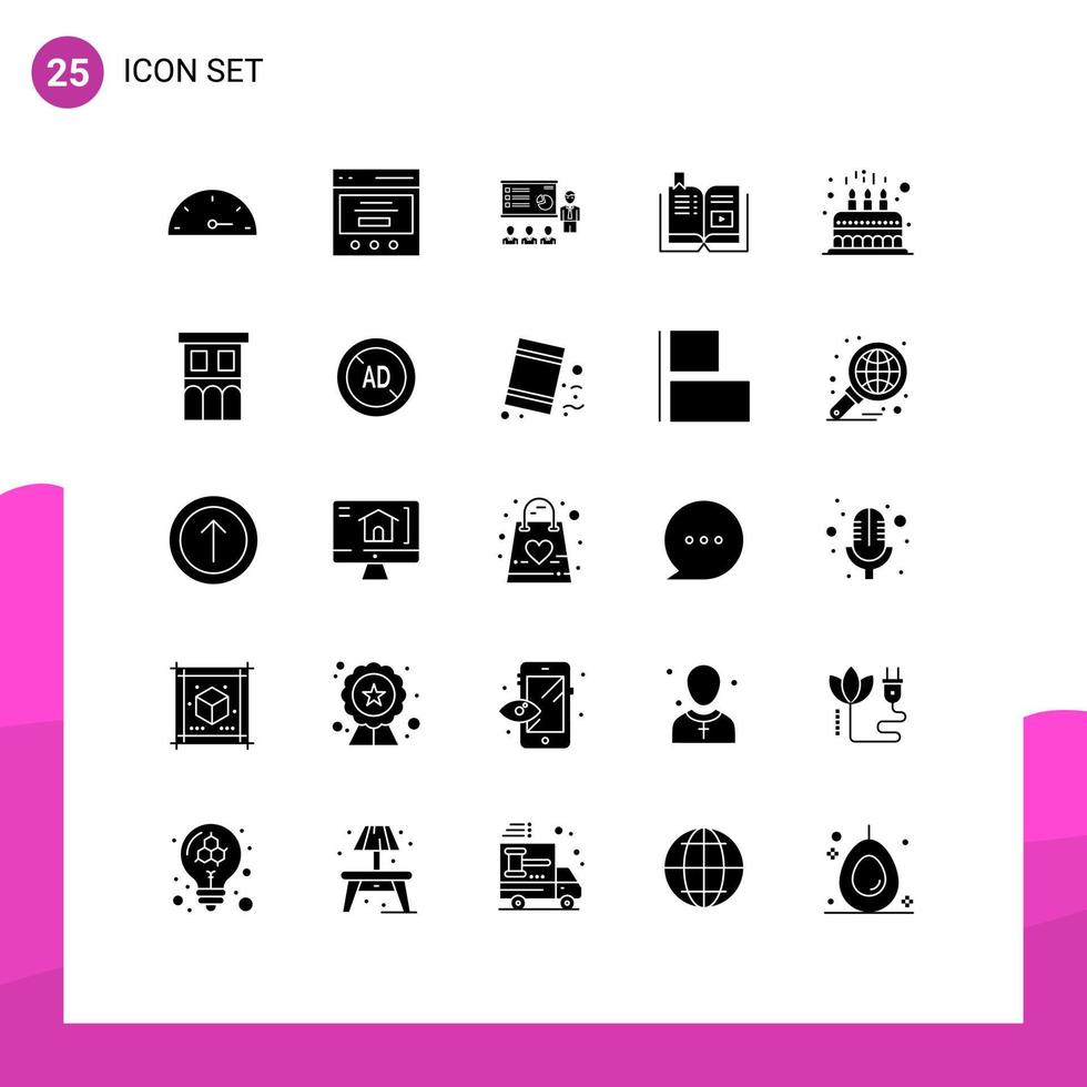 25 Universal Solid Glyph Signs Symbols of education video analytics book people Editable Vector Design Elements