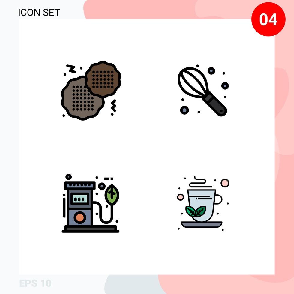 Pack of 4 creative Filledline Flat Colors of biscuit pump manual eco green tea Editable Vector Design Elements