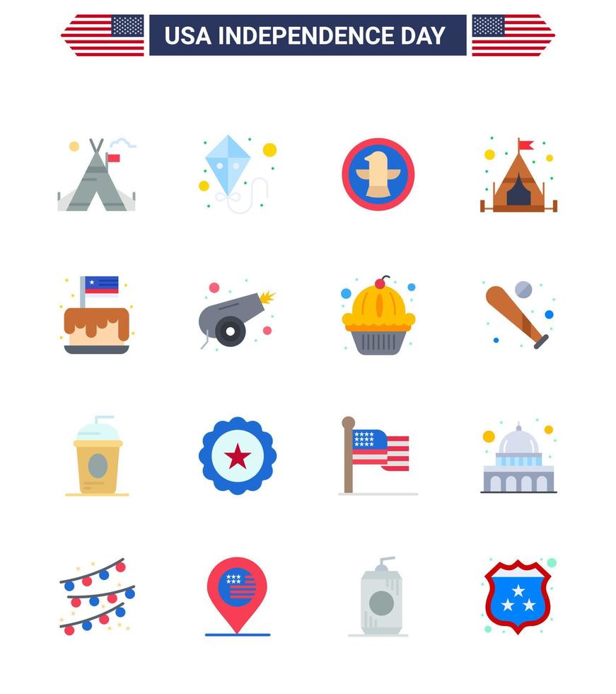 16 USA Flat Pack of Independence Day Signs and Symbols of party cake bird festival camping Editable USA Day Vector Design Elements