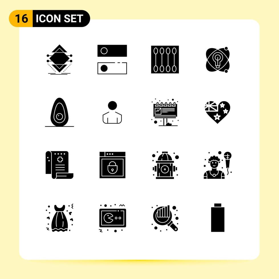 Editable Vector Line Pack of 16 Simple Solid Glyphs of bulb education tools atom makeup Editable Vector Design Elements