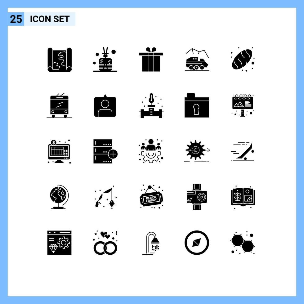 Pictogram Set of 25 Simple Solid Glyphs of bread transport box surface planet Editable Vector Design Elements