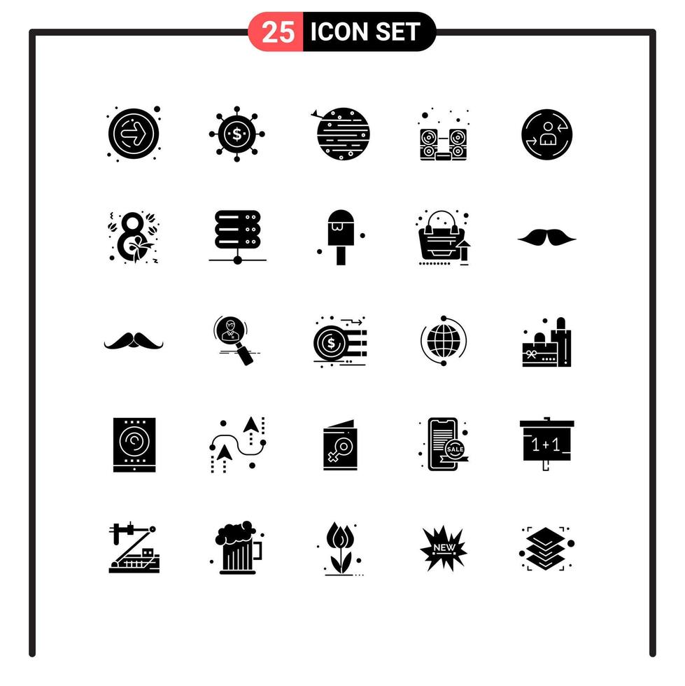25 Solid Glyph concept for Websites Mobile and Apps visiter speaker planet music computer Editable Vector Design Elements
