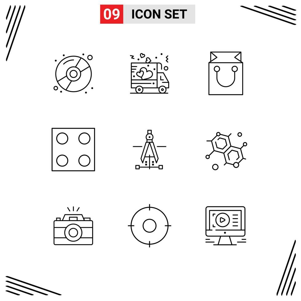 Group of 9 Outlines Signs and Symbols for education compass bag stove electro Editable Vector Design Elements