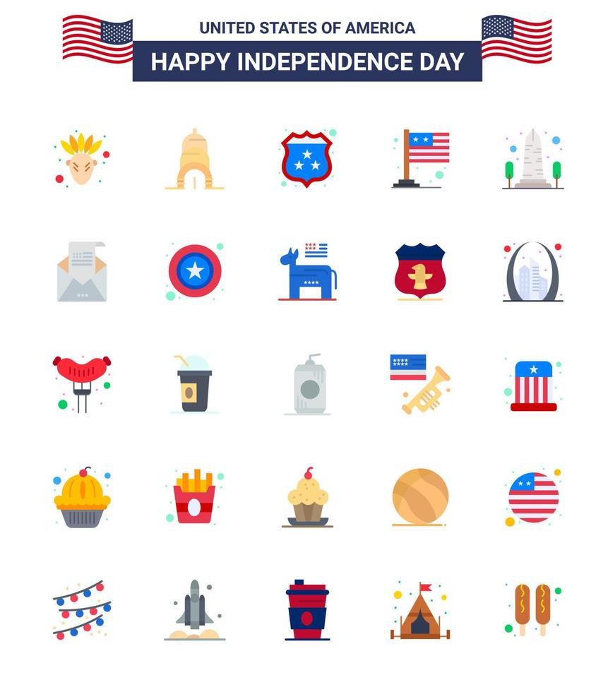 25 señales planas para el día de la independencia de estados unidos escudo de monumento de estados unidos hito elementos de diseño de vector de día de estados unidos editables internacionales