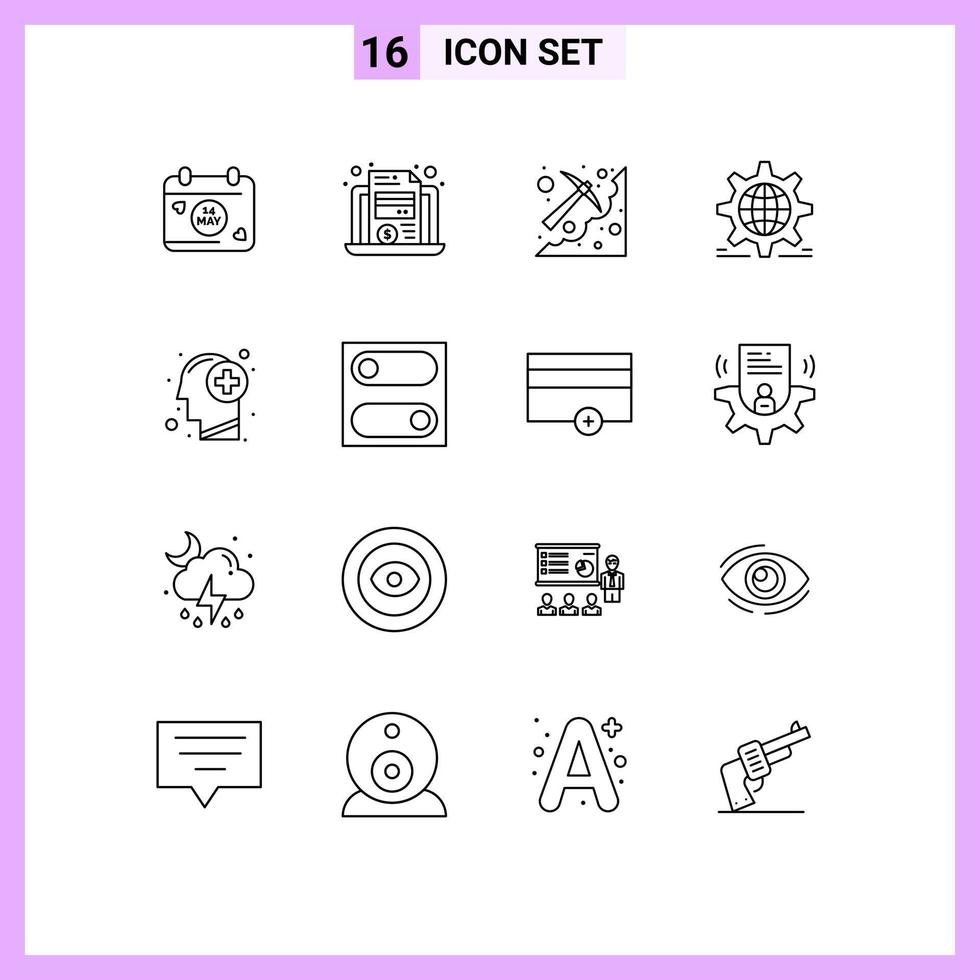 Mobile Interface Outline Set of 16 Pictograms of head globe digging world setting Editable Vector Design Elements