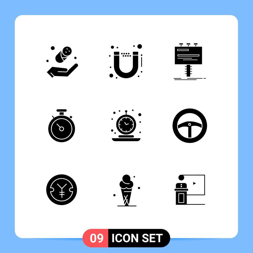 9 Thematic Vector Solid Glyphs and Editable Symbols of old alarm advertising pin map Editable Vector Design Elements