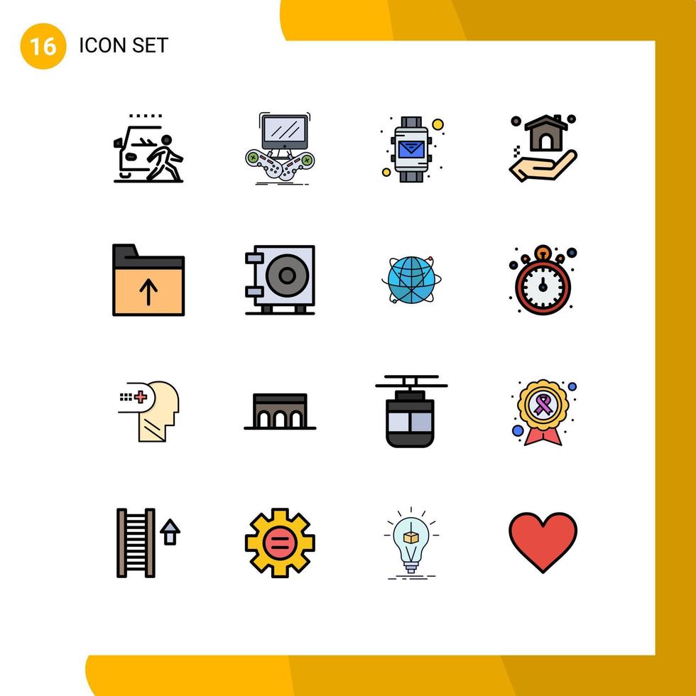 Mobile Interface Flat Color Filled Line Set of 16 Pictograms of document home multiplayer building smart wrist Editable Creative Vector Design Elements