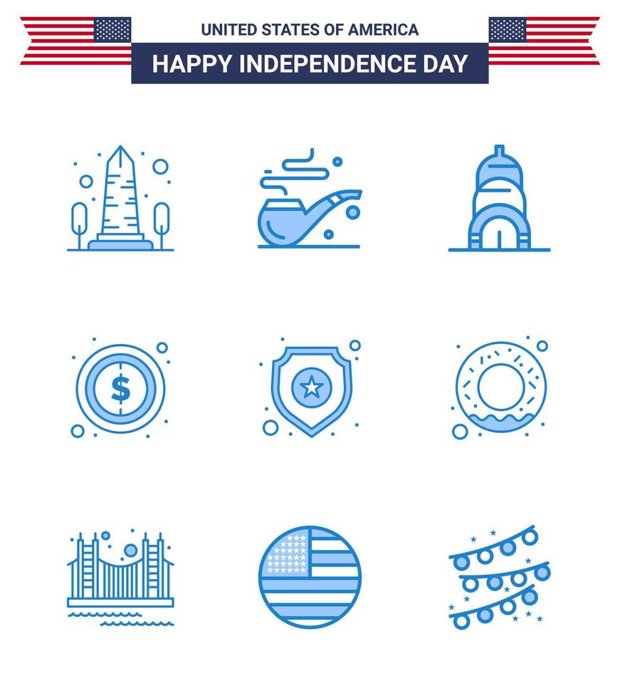 Happy Independence Day 9 Blues Icon Pack for Web and Print star shield chrysler sign money Editable USA Day Vector Design Elements