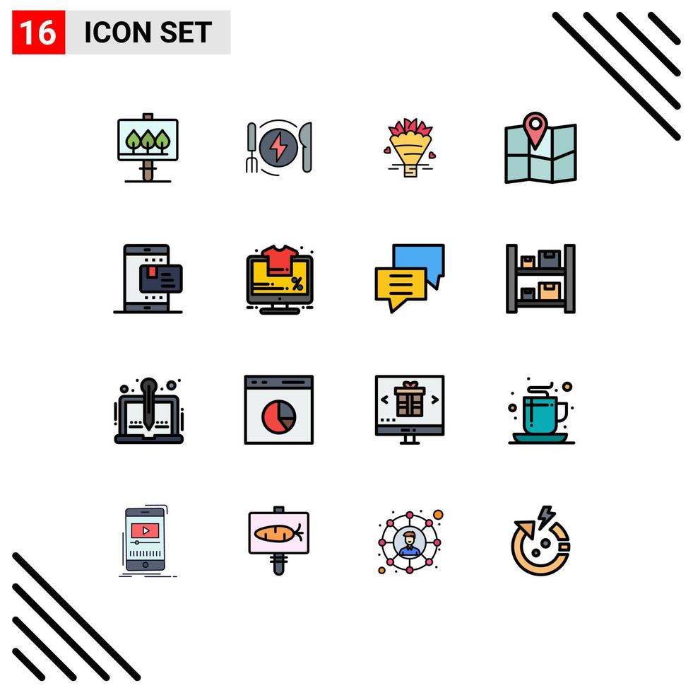Group of 16 Modern Flat Color Filled Lines Set for rate online bouquet ecommerce map Editable Creative Vector Design Elements