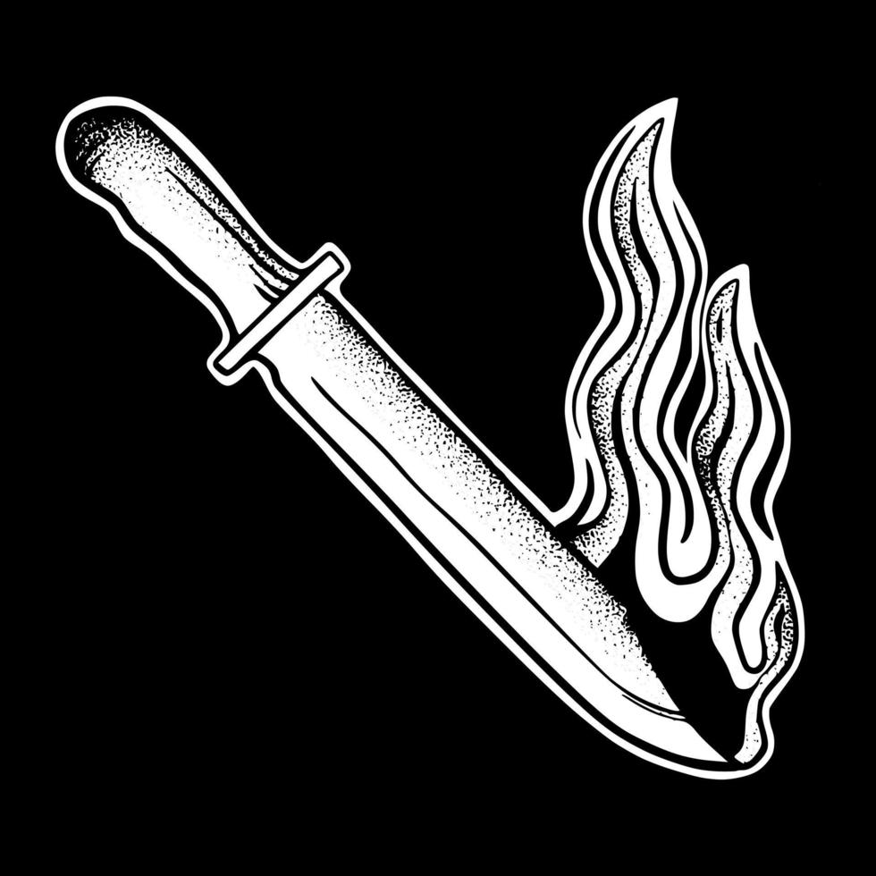 ilustración de arte de fuego de cuchillo vector blanco y negro dibujado a mano para tatuaje, pegatina, logotipo, etc.