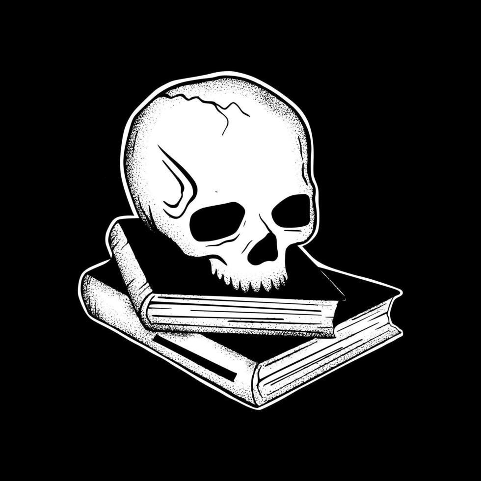 cráneo libros arte ilustración dibujado a mano vector blanco y negro para tatuaje, pegatina, logotipo, etc.