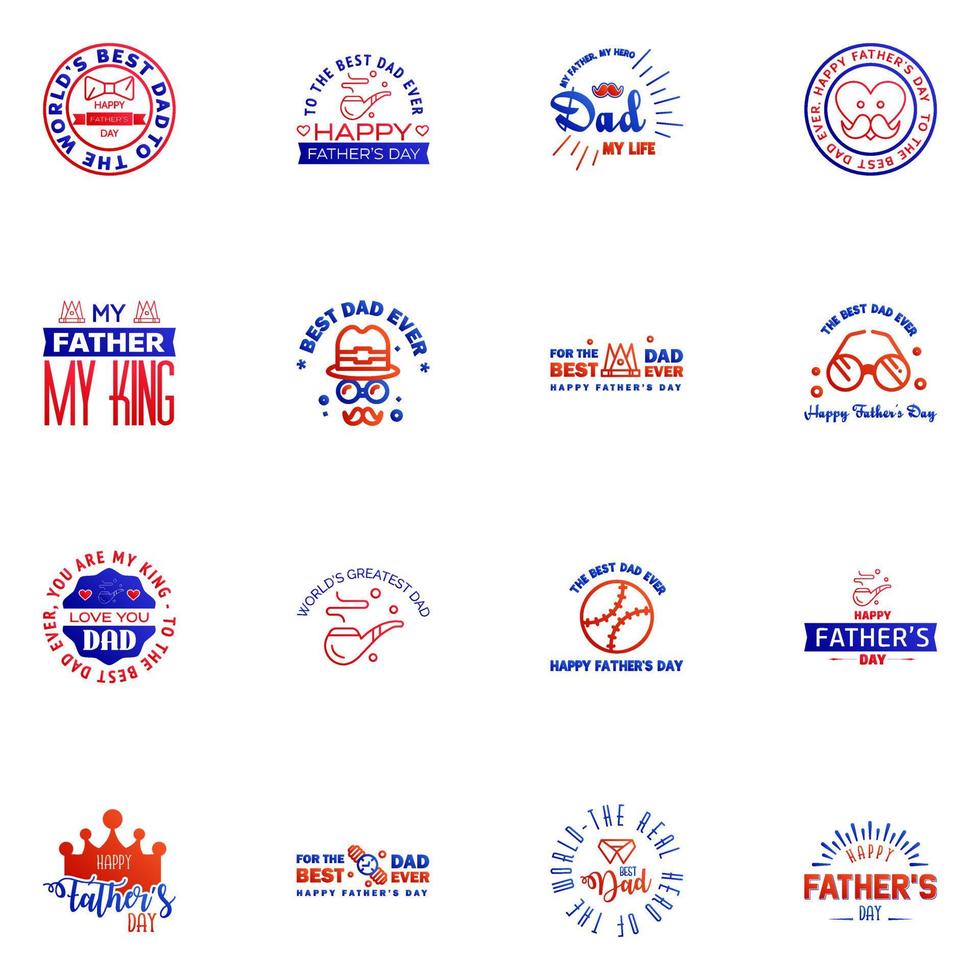 Happy Fathers day greeting hand lettering badges 16 Blue and red Typo isolated on white Typography design template for poster banner gift card t shirt print label sticker Retro vintage style V vector