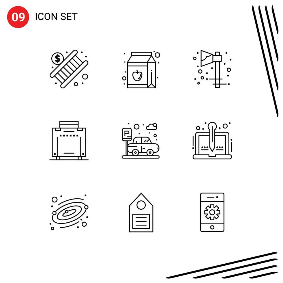 Set of 9 Vector Outlines on Grid for transport car axe travel bag Editable Vector Design Elements