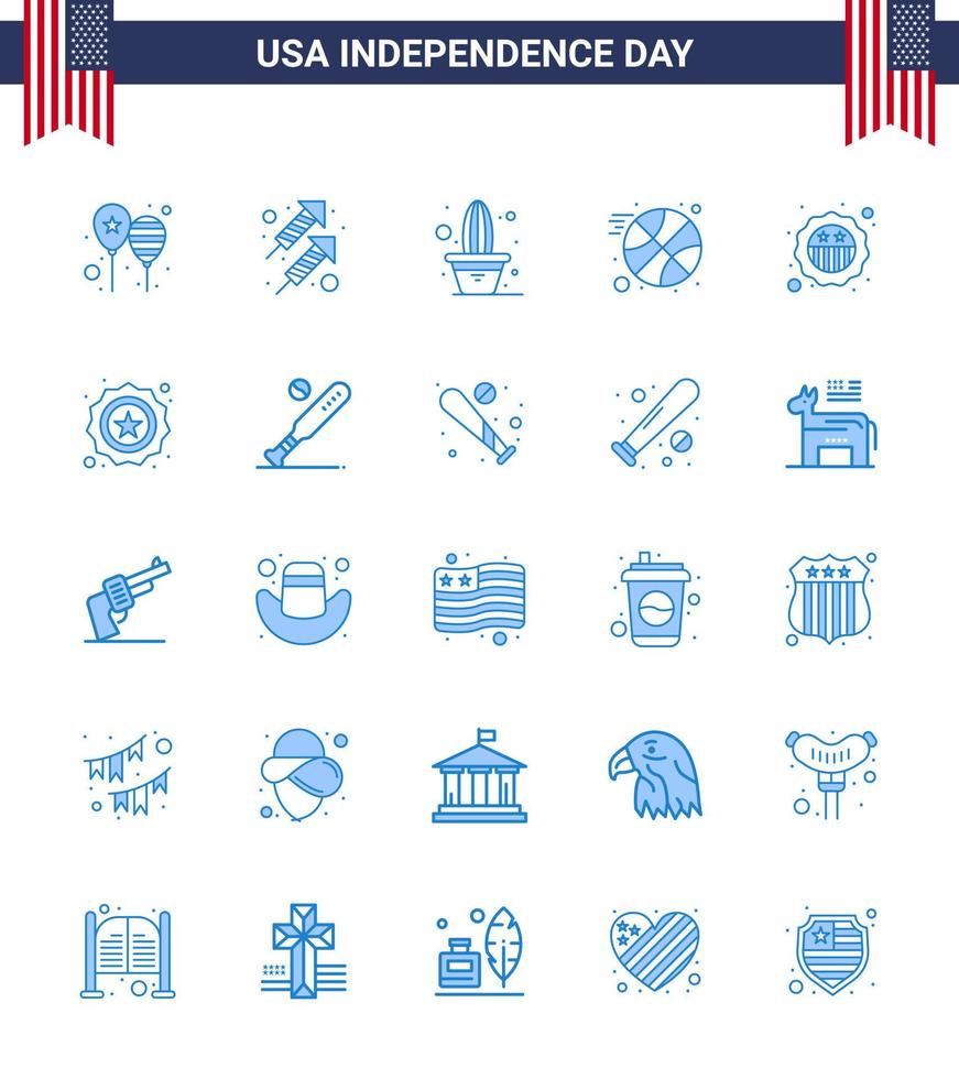 Set of 25 Modern Blues pack on USA Independence Day security sports shoot ball pot Editable USA Day Vector Design Elements