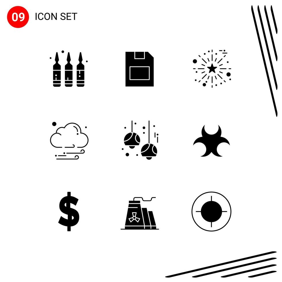 Group of 9 Solid Glyphs Signs and Symbols for decoration bulb celebrate weather cloud Editable Vector Design Elements
