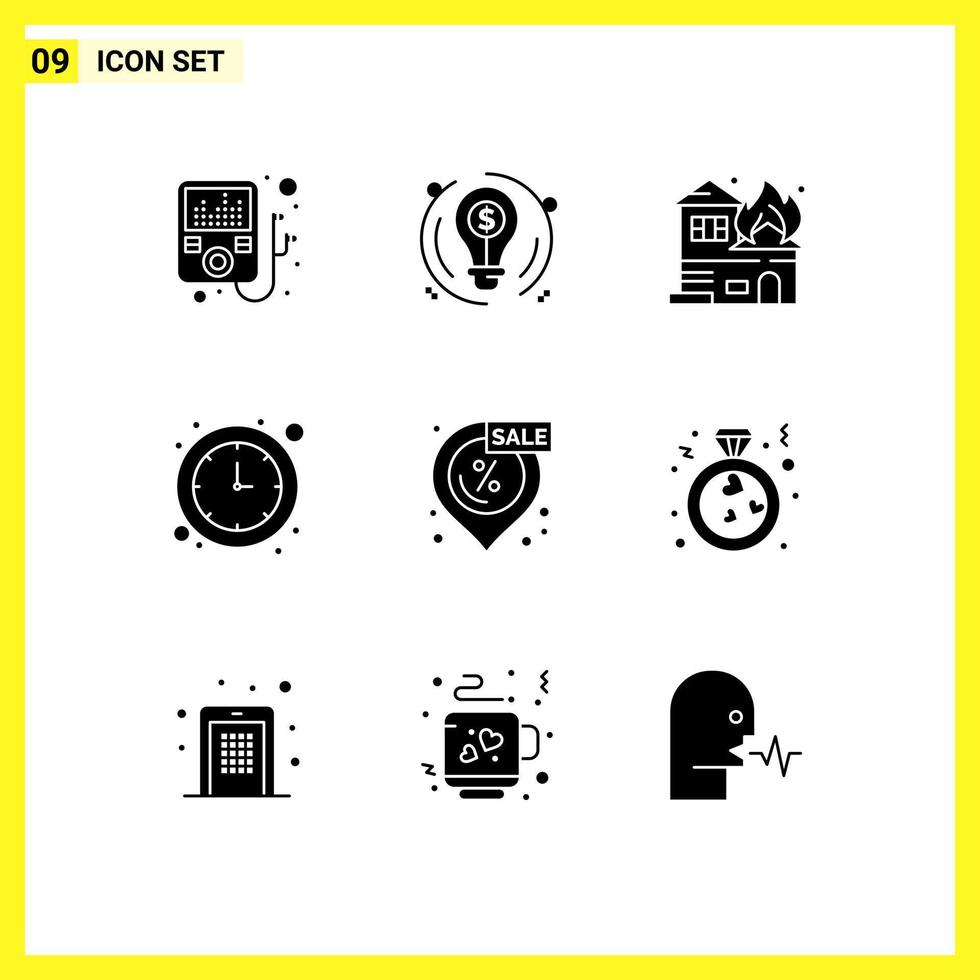 Group of 9 Solid Glyphs Signs and Symbols for shopping location fire discount money Editable Vector Design Elements