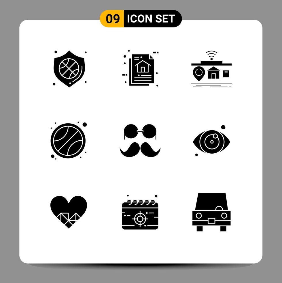 9 signos universales de glifos sólidos símbolos de algoritmo de programa deportivo de bigote bola de elementos de diseño de vectores editables