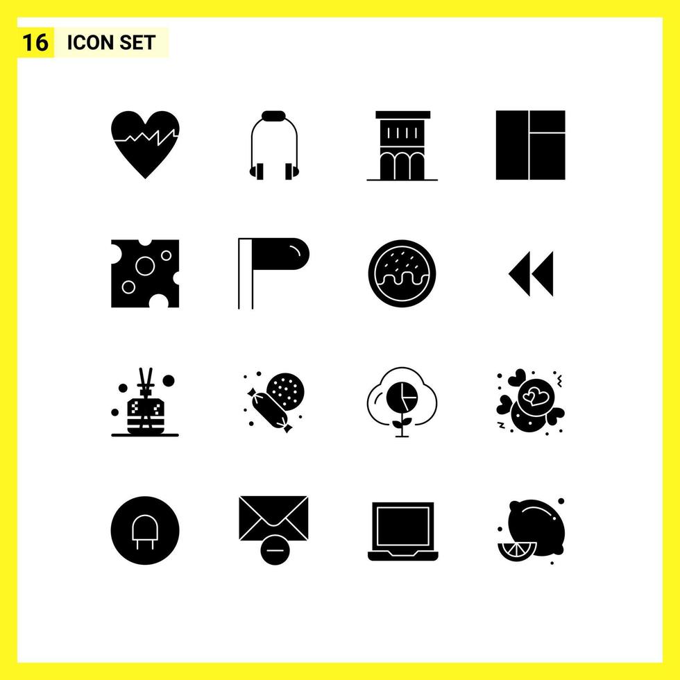 16 Thematic Vector Solid Glyphs and Editable Symbols of meal drink estate cheese grid Editable Vector Design Elements
