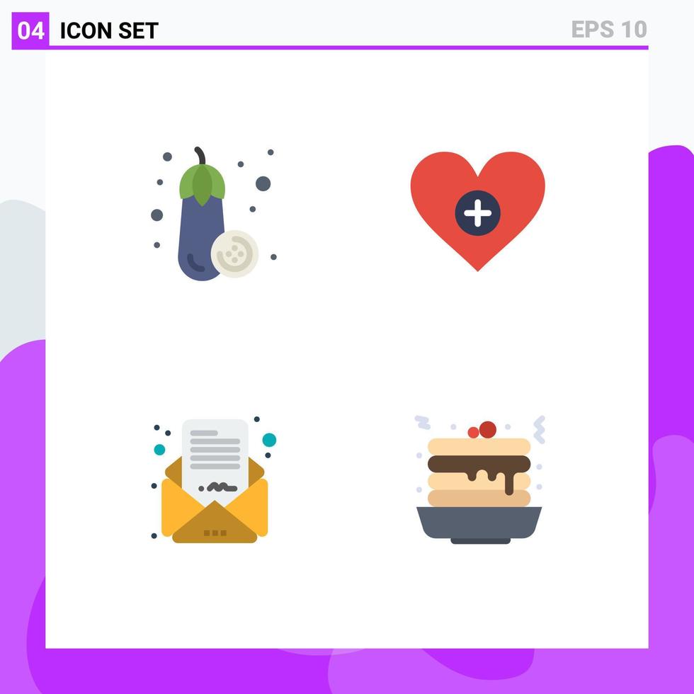 Set of 4 Modern UI Icons Symbols Signs for eggplant letter love add pancake Editable Vector Design Elements
