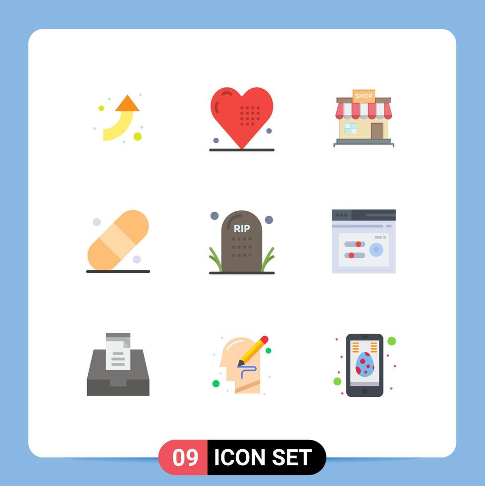 Group of 9 Flat Colors Signs and Symbols for death plaster shop patch market Editable Vector Design Elements